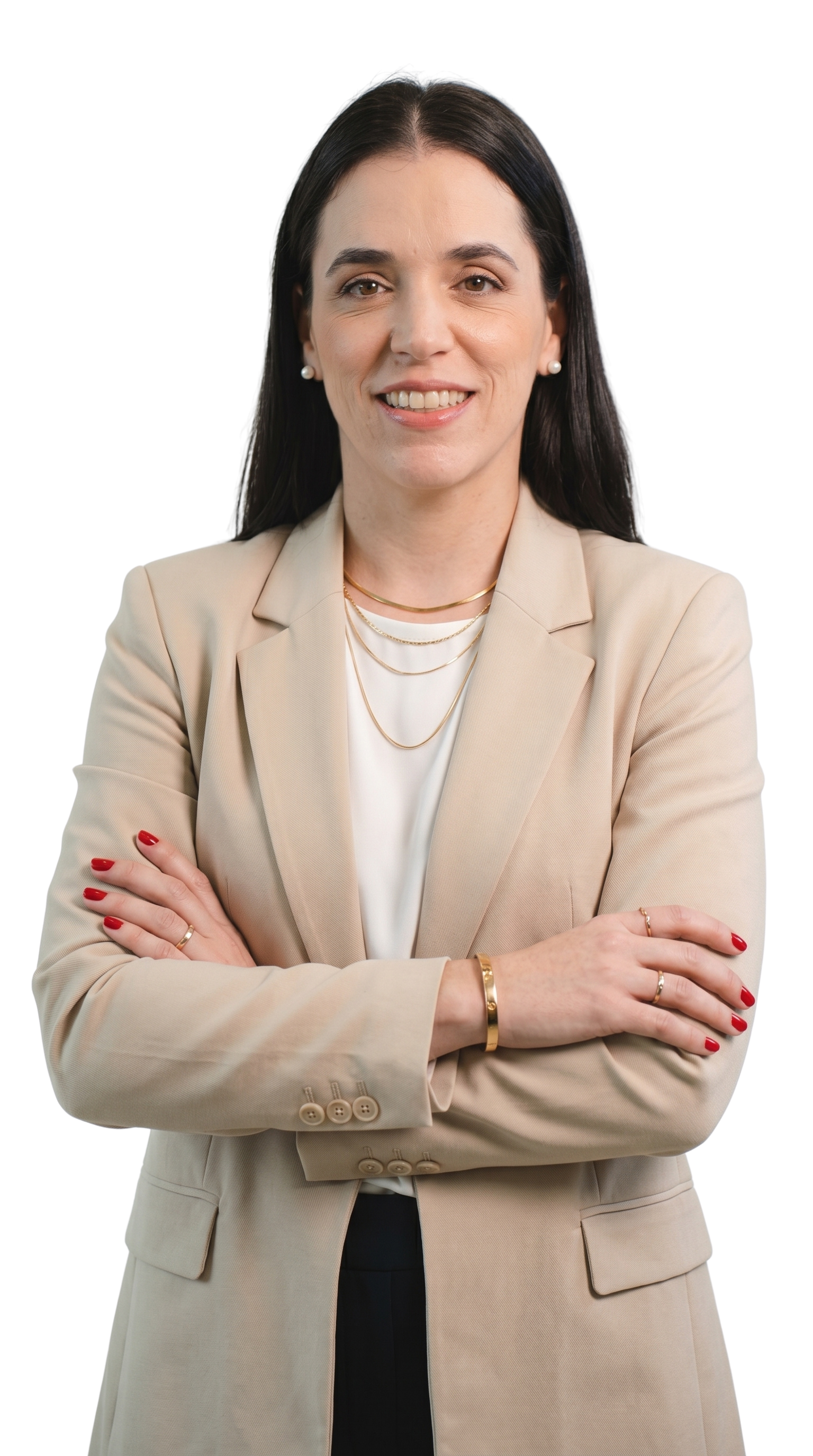 Dra. Marina Andres, ginecologista especialista em endometriose, sorrindo de blazer bege